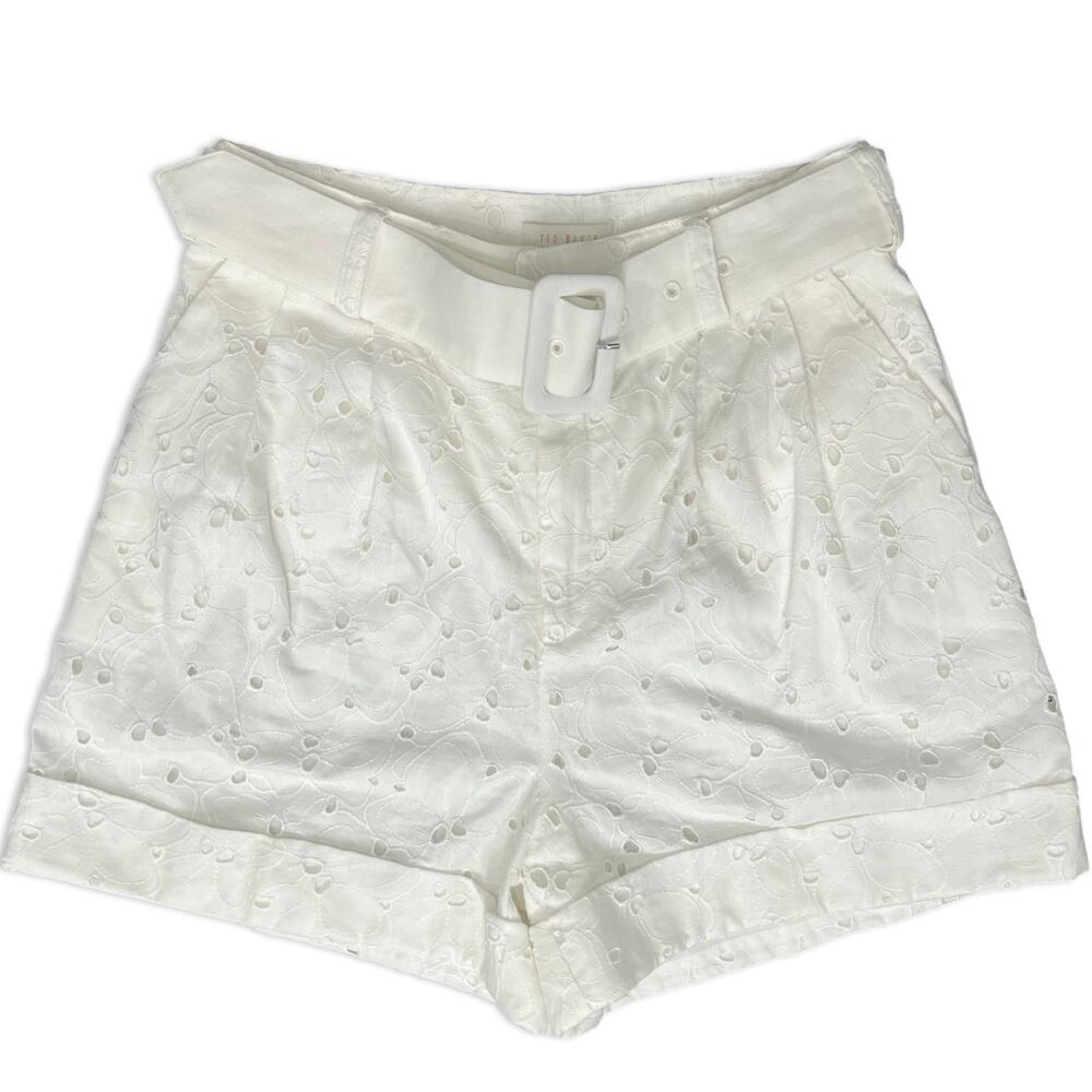 Ted Baker White Suzet Tailored Belted High Waist Eyelet Shorts Size 6 NEW no Tag - Picture 2 of 10